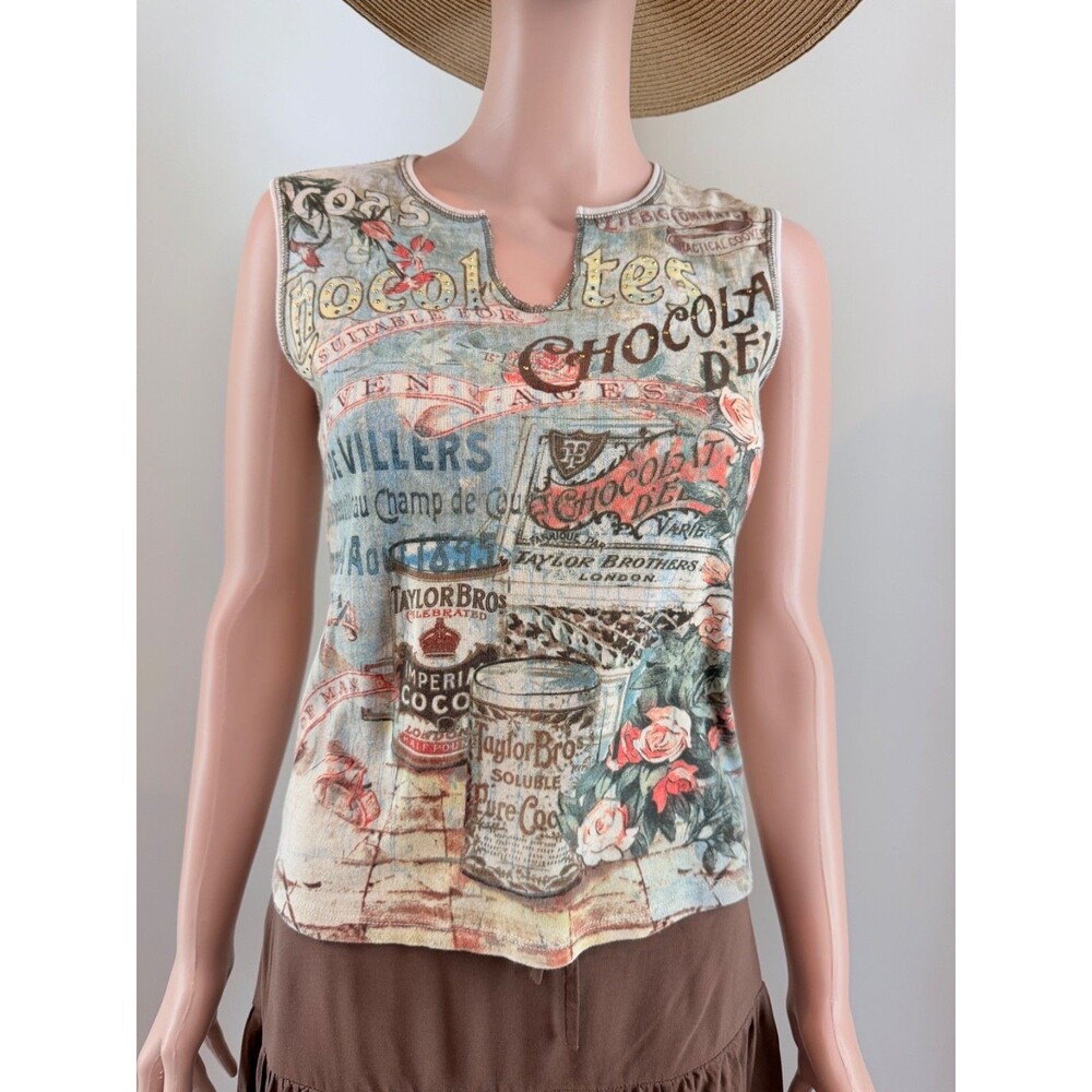 Skinny Minnie Women’s Medium Chocolate Floral Graphic Tank Top Y2K Rhinestone